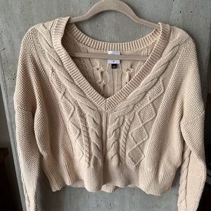 Cropped V-Neck Cream Sweater